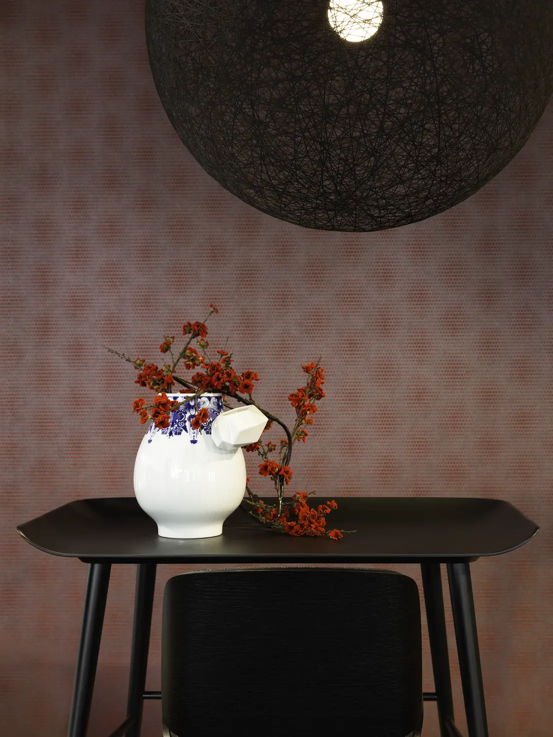 Interior of London showroom with Random Light suspension, Delft Blue Vase and Moooi Wallcovering